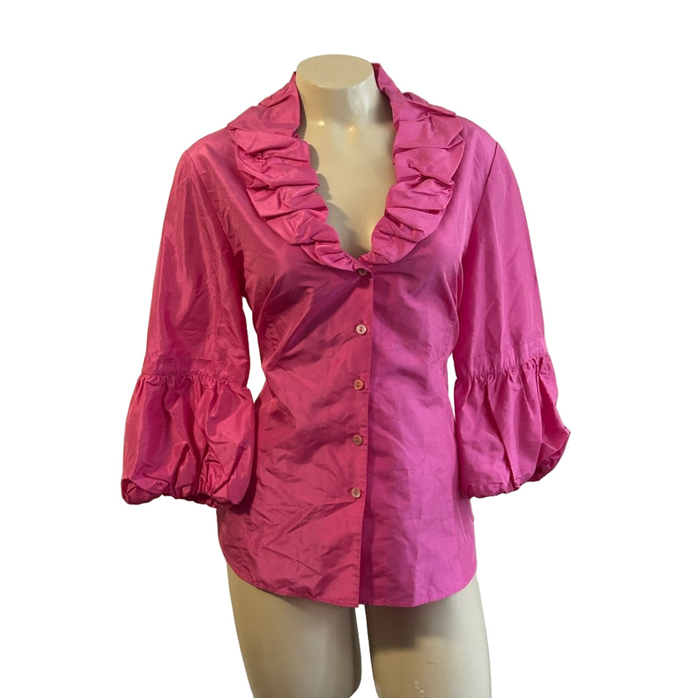 Lafayette 148 New York Pink Ruffled Puff Sleeve Blouse Sz 10